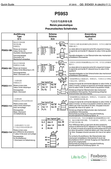 schneider施耐德简要说明 PS953 气动信号选择继电器 气动继电器
